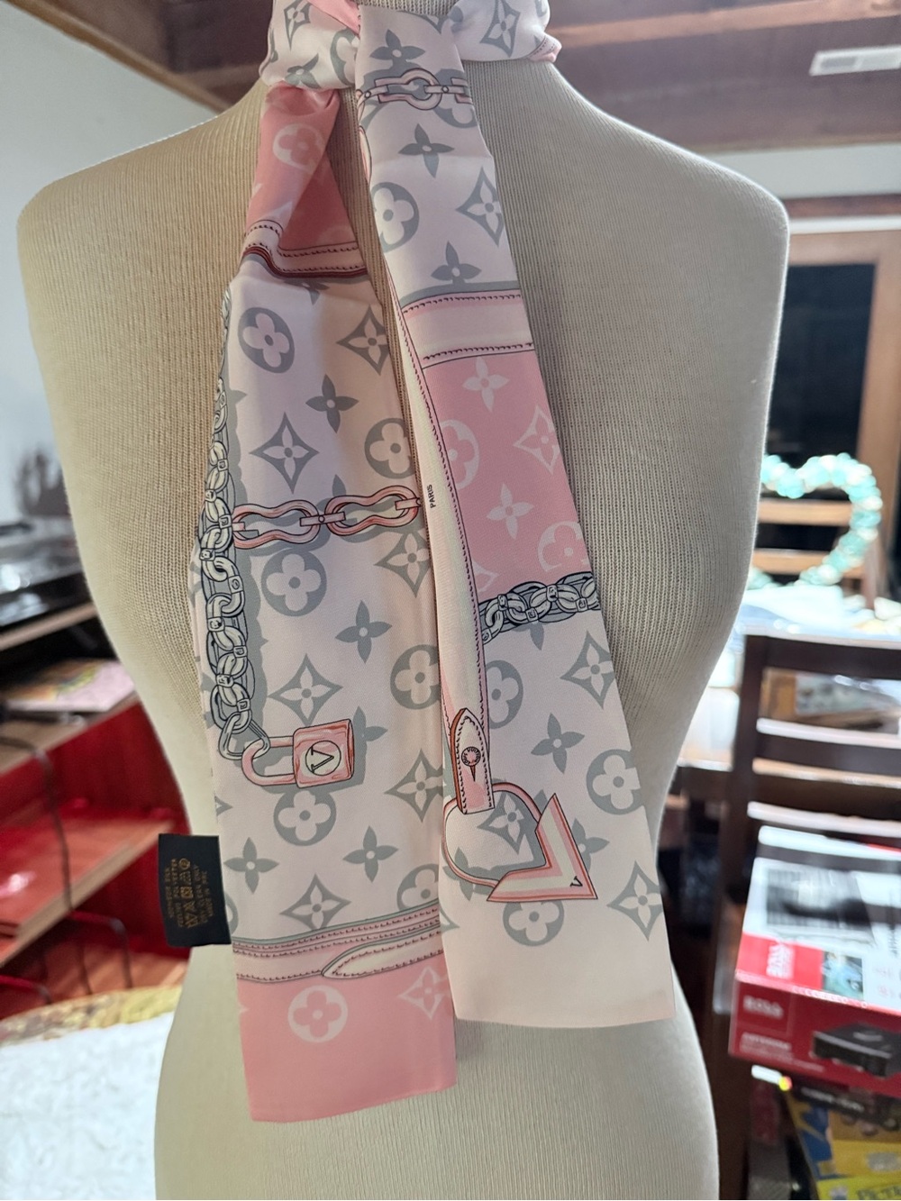 Designer-Inspired Pink & White Patterned Satin Neck Scarf